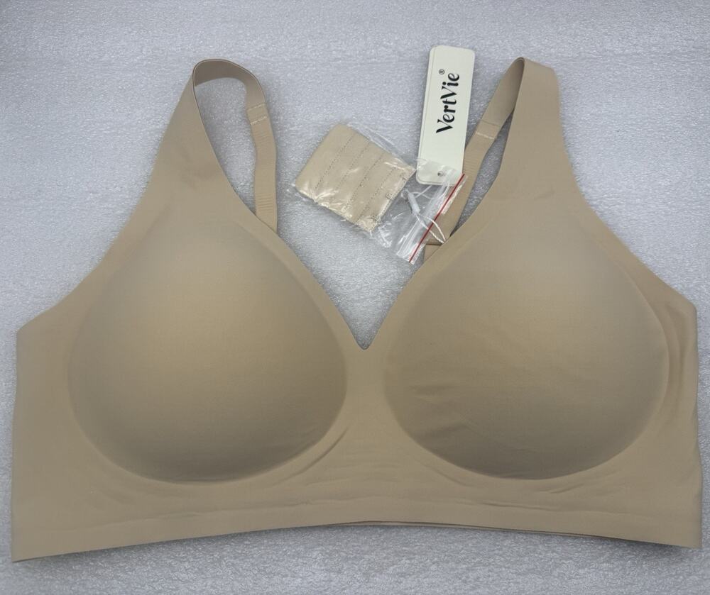 VertVie Women's Solid Adjustable Deep V Neck Wireless Bra Size 2XL Biege *READ..